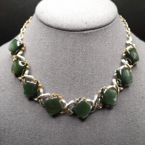 Vintage Dark Green Moonglow Choker Necklace, Gold Tone, 1950s Jewelry